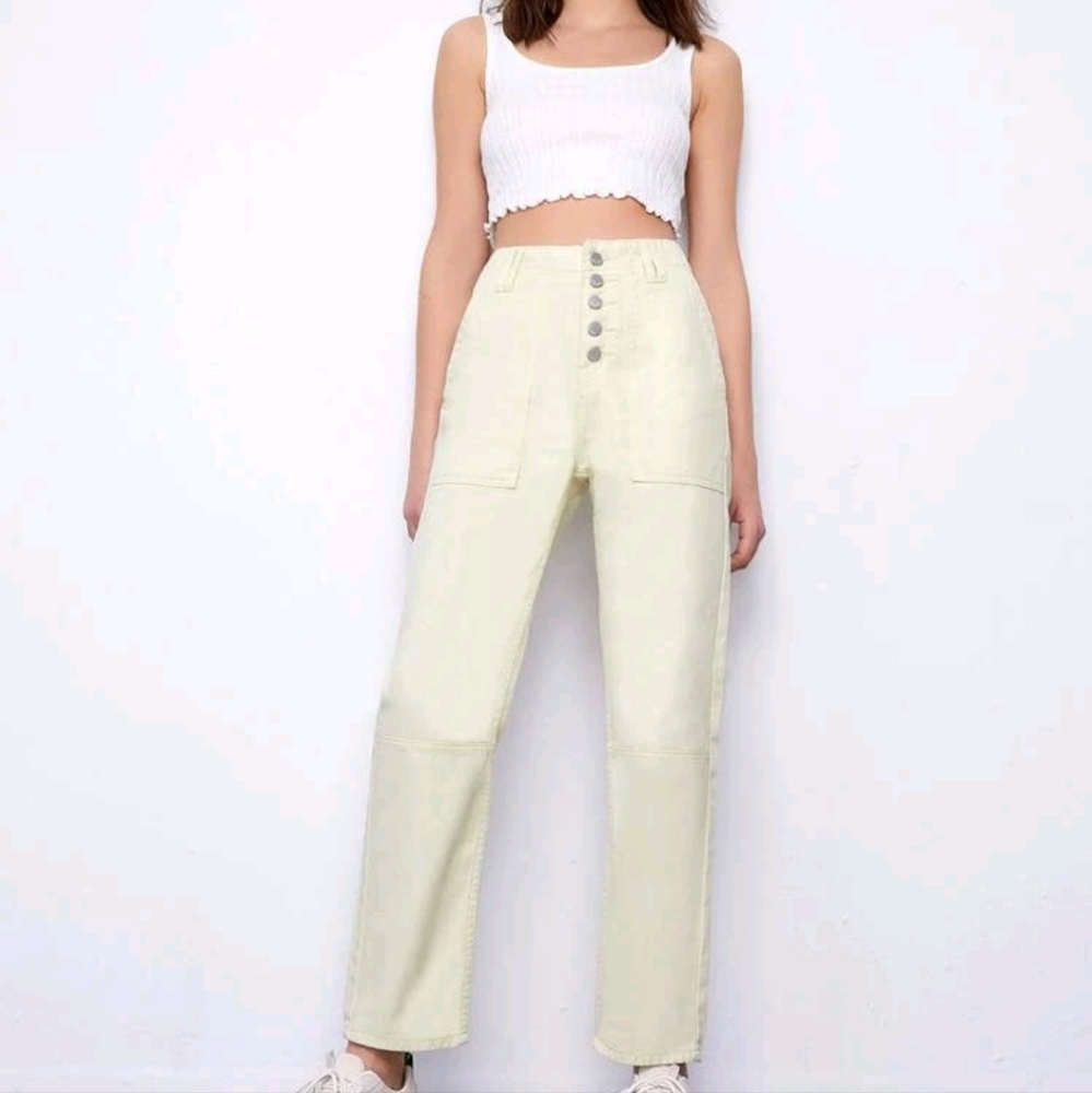 Khaki High-Waisted Cropped work Pants
